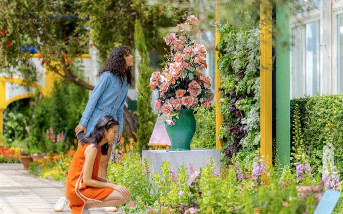 Guests exploring vibrant floral displays at New York Botanical Garden.