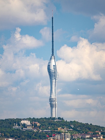 Camlica Tower in Istanbul rising above a green landscape under a cloudy sky.
