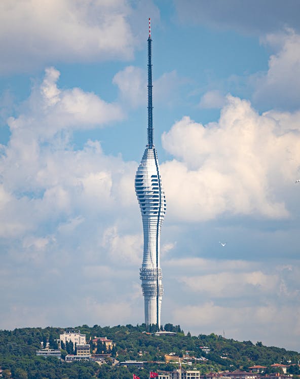 Camlica Tower in Istanbul rising above a green landscape under a cloudy sky.
