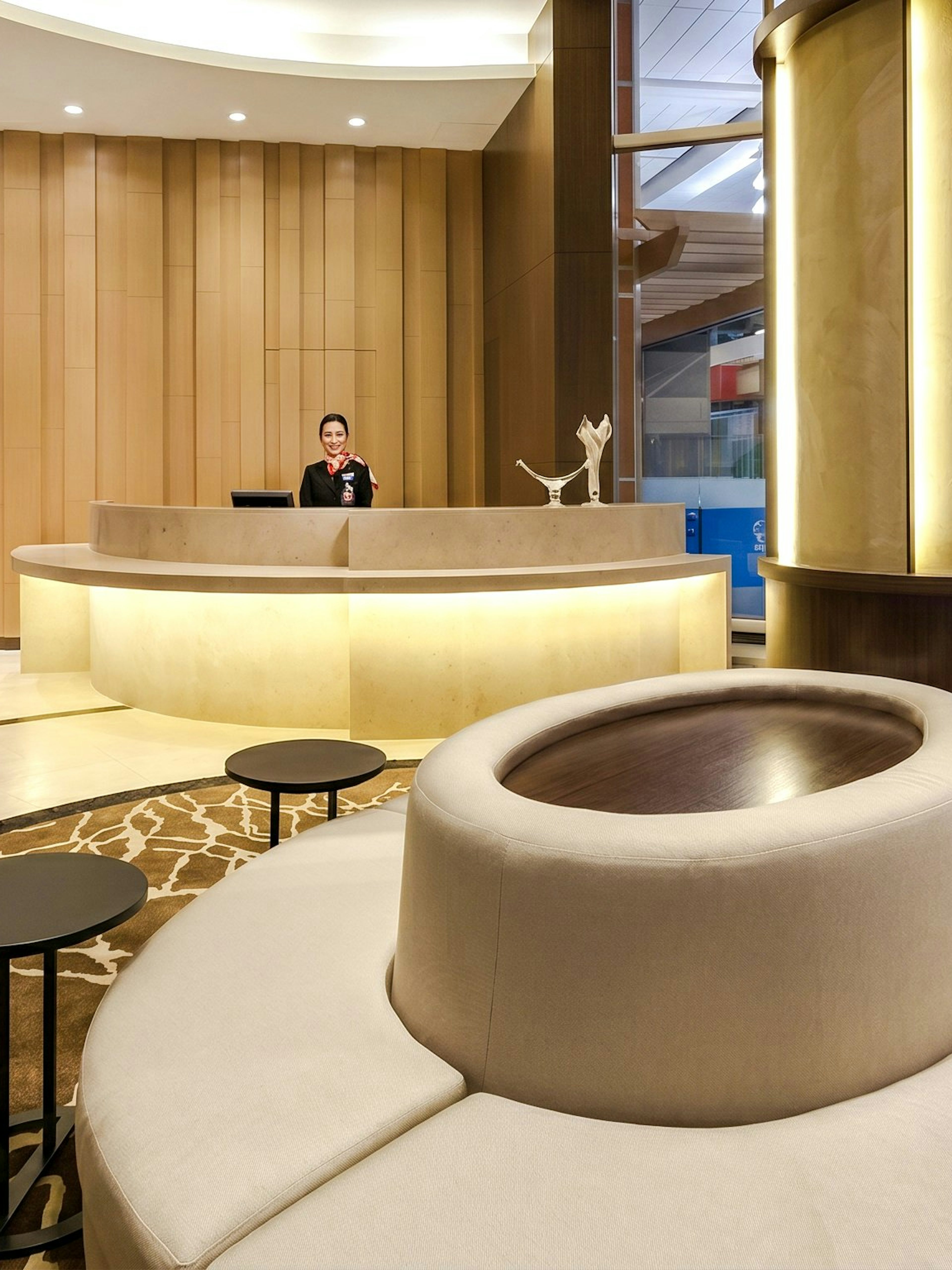Reception area of Plaza Premium Lounge at Vancouver International Airport's domestic departures.