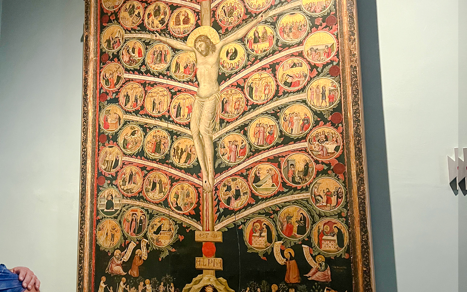 Tree of Life painting in Accademia Gallery, Florence, depicting biblical scenes and crucifixion.