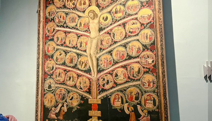 Tree of Life painting in Accademia Gallery, Florence, depicting biblical scenes and crucifixion.