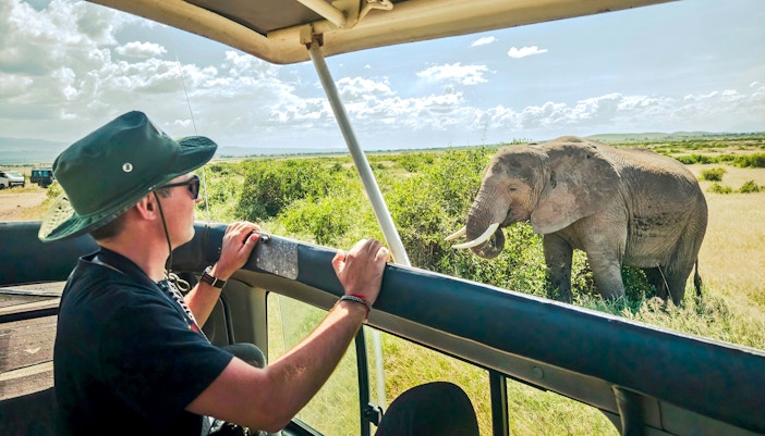 Tourist in open-roof car observing elephant during African safari.