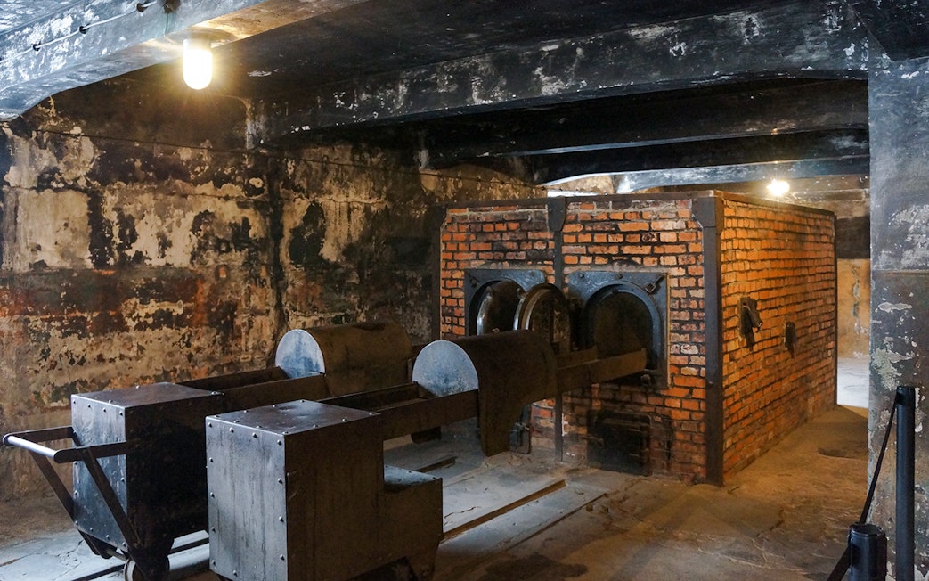 Auschwitz I crematorium interior with brick ovens and metal structures.