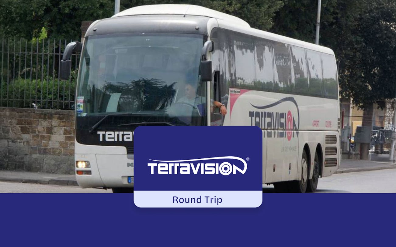 Terravision airport transfer bus in Istanbul on city street.