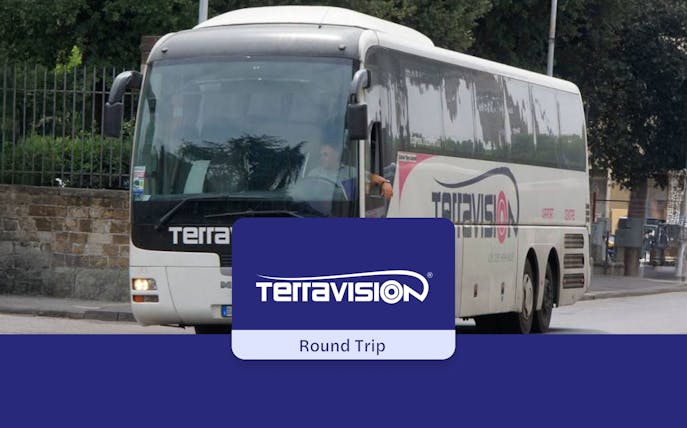 Terravision airport transfer bus in Istanbul on city street.