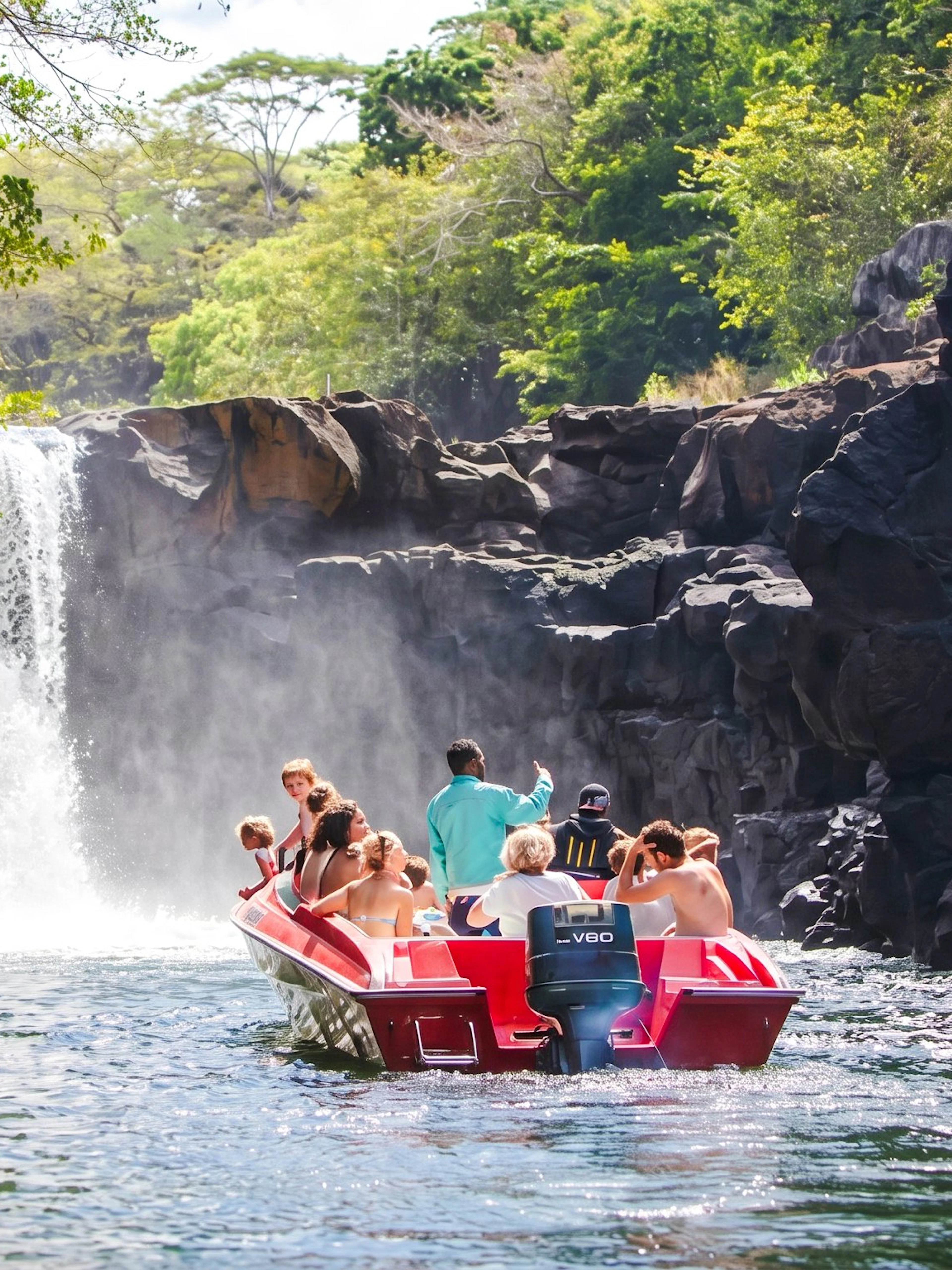 Tourists on a boat approaching a waterfall near Ile aux Cerf, Mauritius.