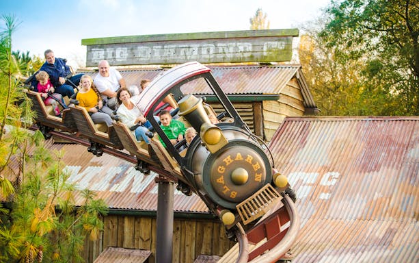 Pioneer express train ride at Wild West of Slagharen theme park, Netherlands.