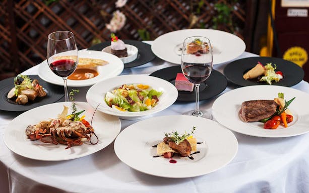 Gourmet dinner spread with wine on The Cruise Club Tokyo night cruise.