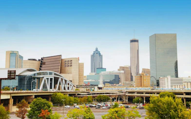 Atlanta skyline with modern skyscrapers and highways, part of the Downtown Highlights self-guided tour.
