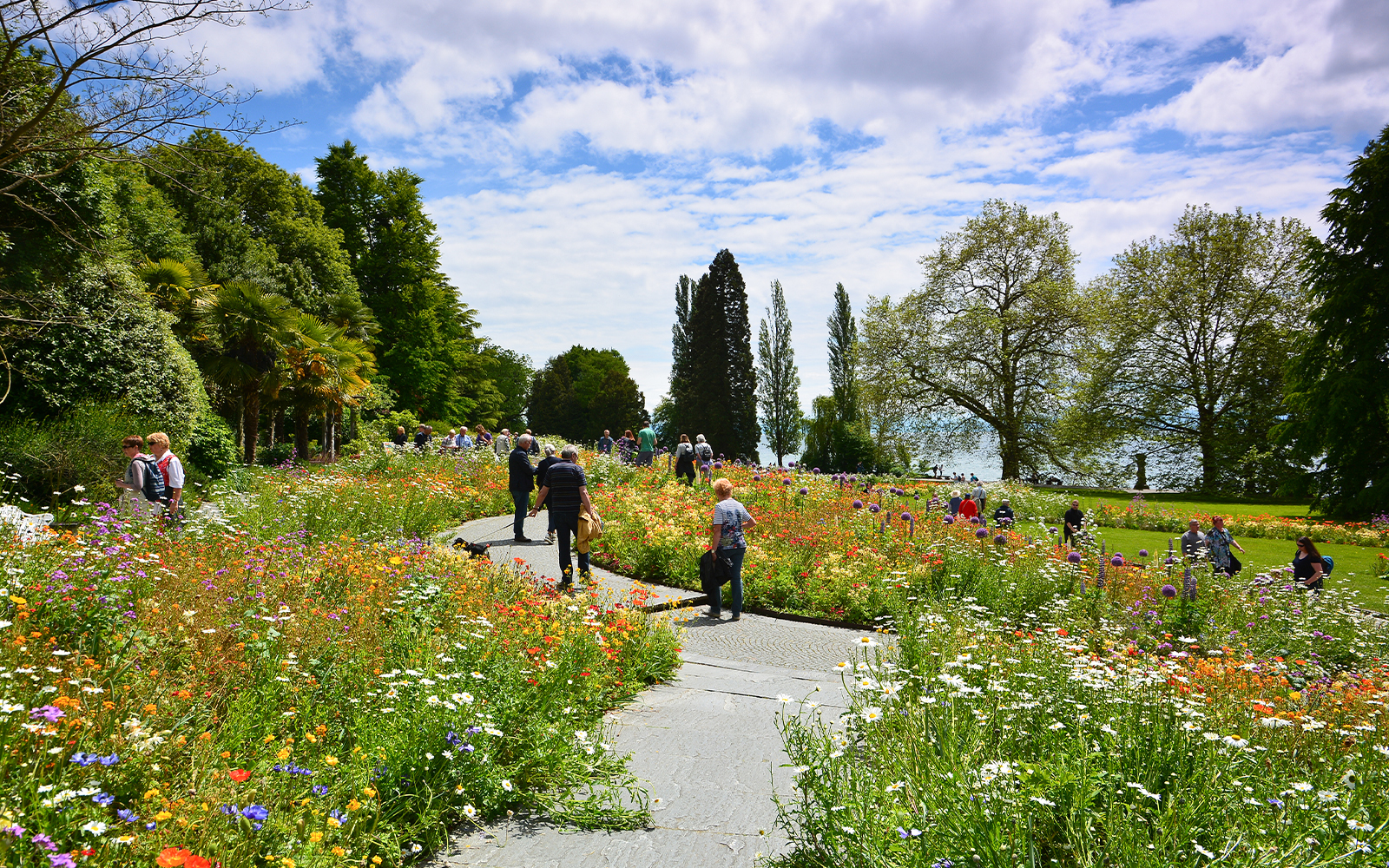 Visitors walking through colorful flower gardens on Mainau Island, Lake Constance, Germany.