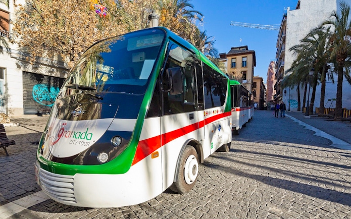 Granada city tour bus parked on a cobblestone street with palm trees.