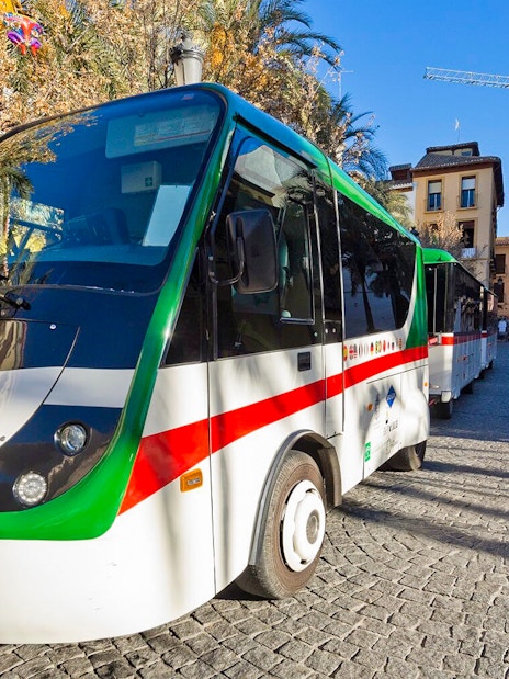 Granada city tour bus parked on a cobblestone street with palm trees.