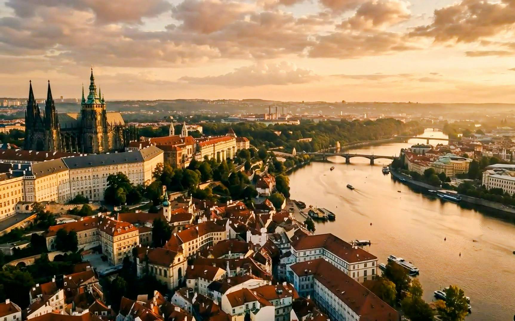 Prague Castle and Vltava River view during Time Travel Tour with AR Glasses.