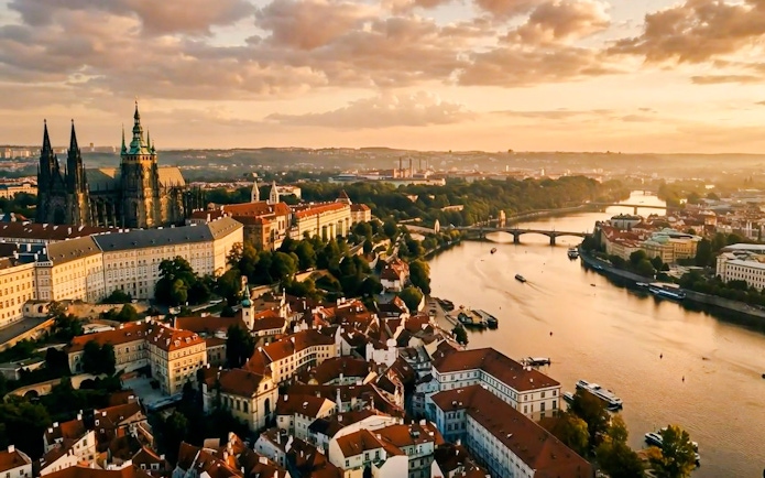 Prague Castle and Vltava River view during Time Travel Tour with AR Glasses.
