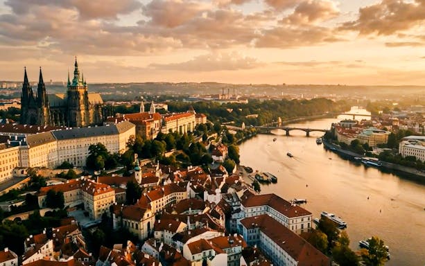 Prague Castle and Vltava River view during Time Travel Tour with AR Glasses.