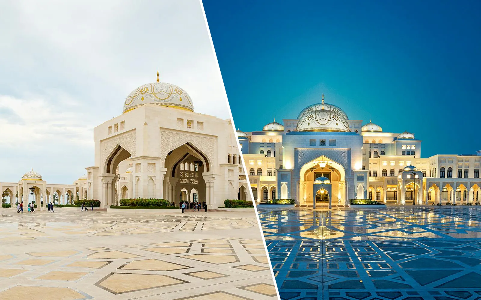 Qasr Al Watan exterior view, Abu Dhabi, day and night contrast.