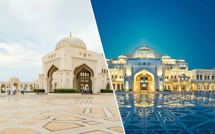 Qasr Al Watan exterior view, Abu Dhabi, day and night contrast.
