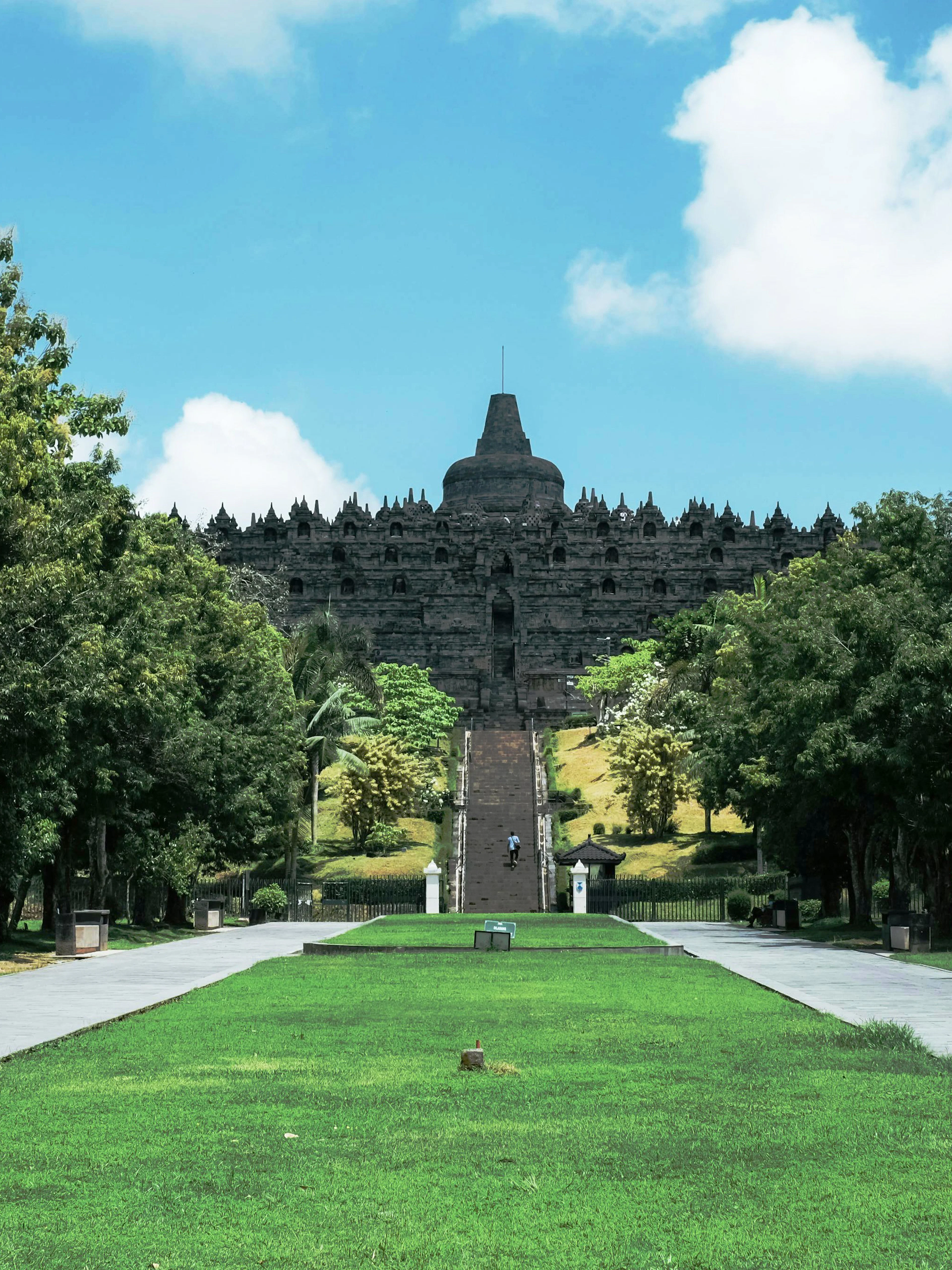 Pathway leading to Borobudur Temple surrounded by lush greenery, Indonesia.