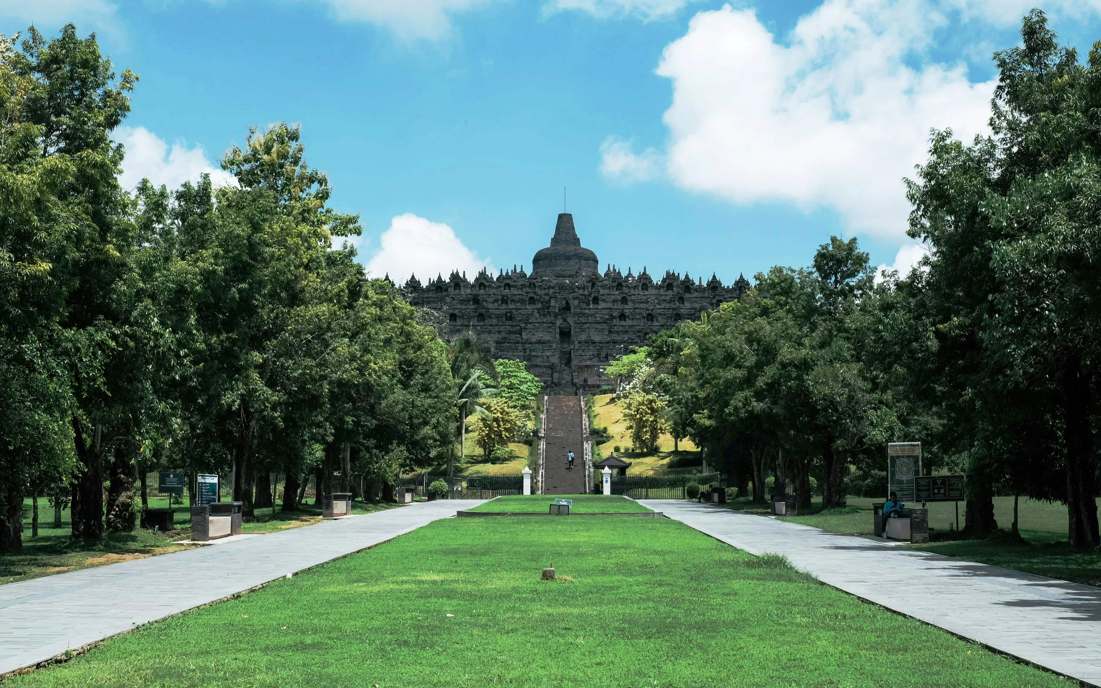 Pathway leading to Borobudur Temple surrounded by lush greenery, Indonesia.