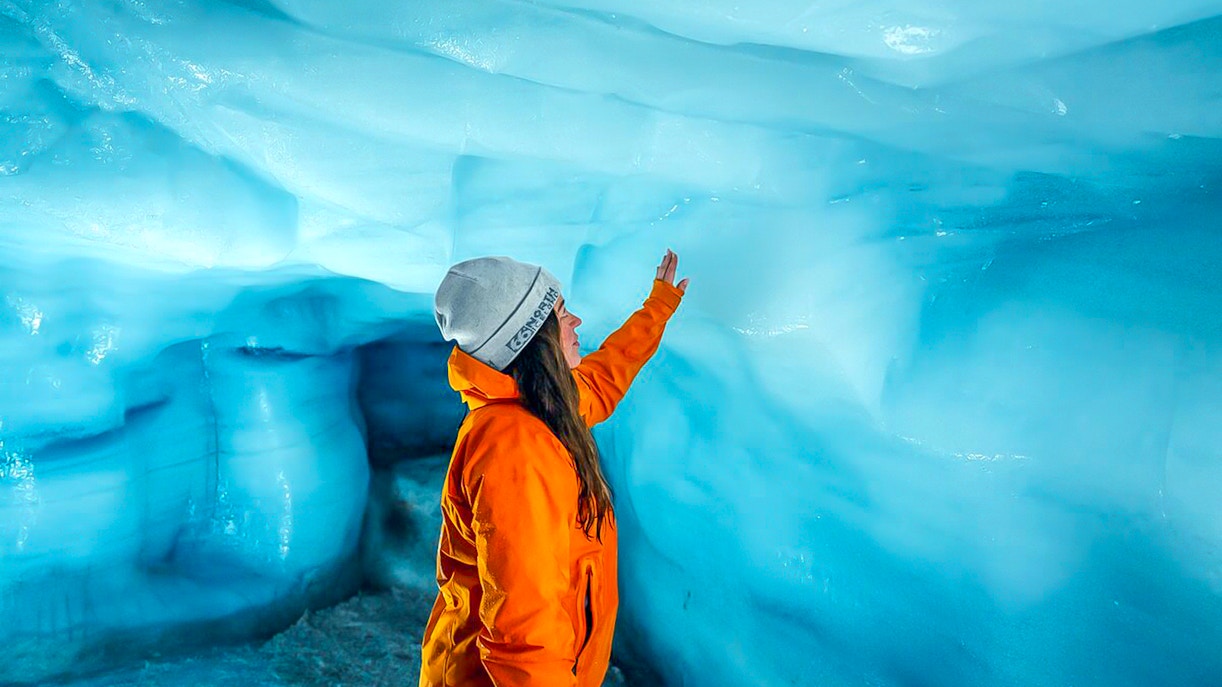 Guests exploring inside Ice Tunnel in Langjökull glacier, Iceland.