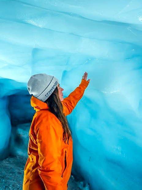 Guests exploring inside Ice Tunnel in Langjökull glacier, Iceland.