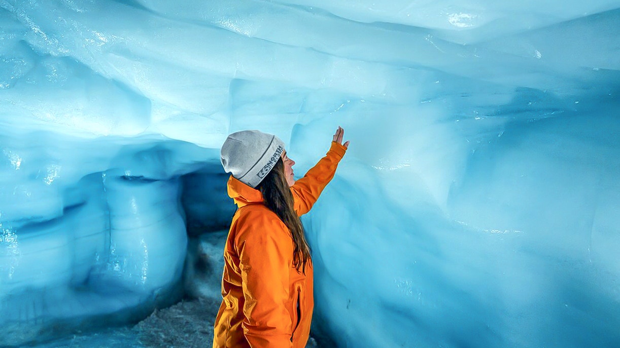 Guests exploring inside Ice Tunnel in Langjökull glacier, Iceland.