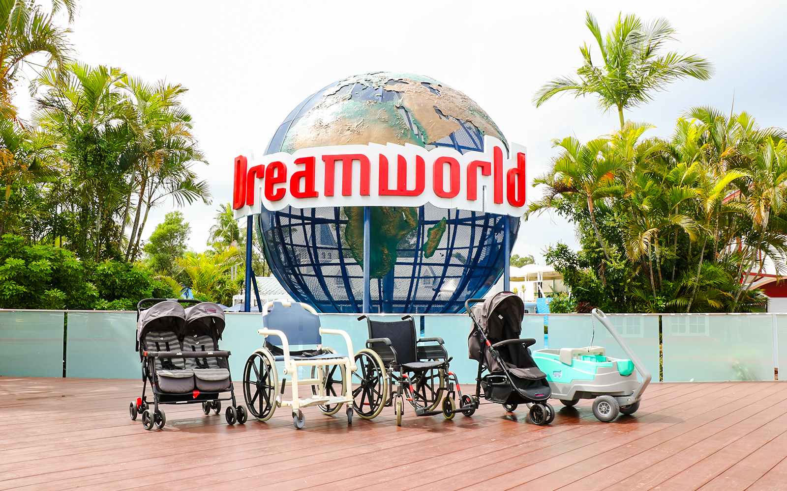 Dreamworld Gold Coast equipment hire station with colorful rental gear displayed.