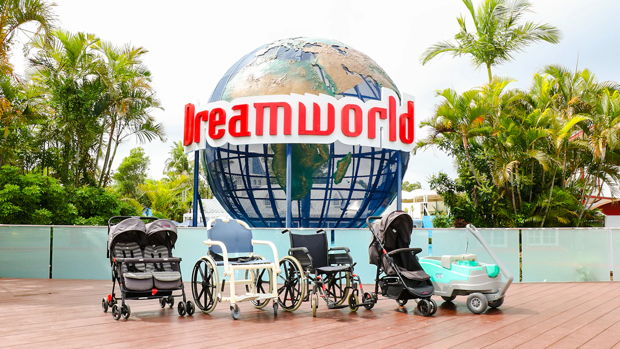 Equipment hire options at Dreamworld entrance, Gold Coast.