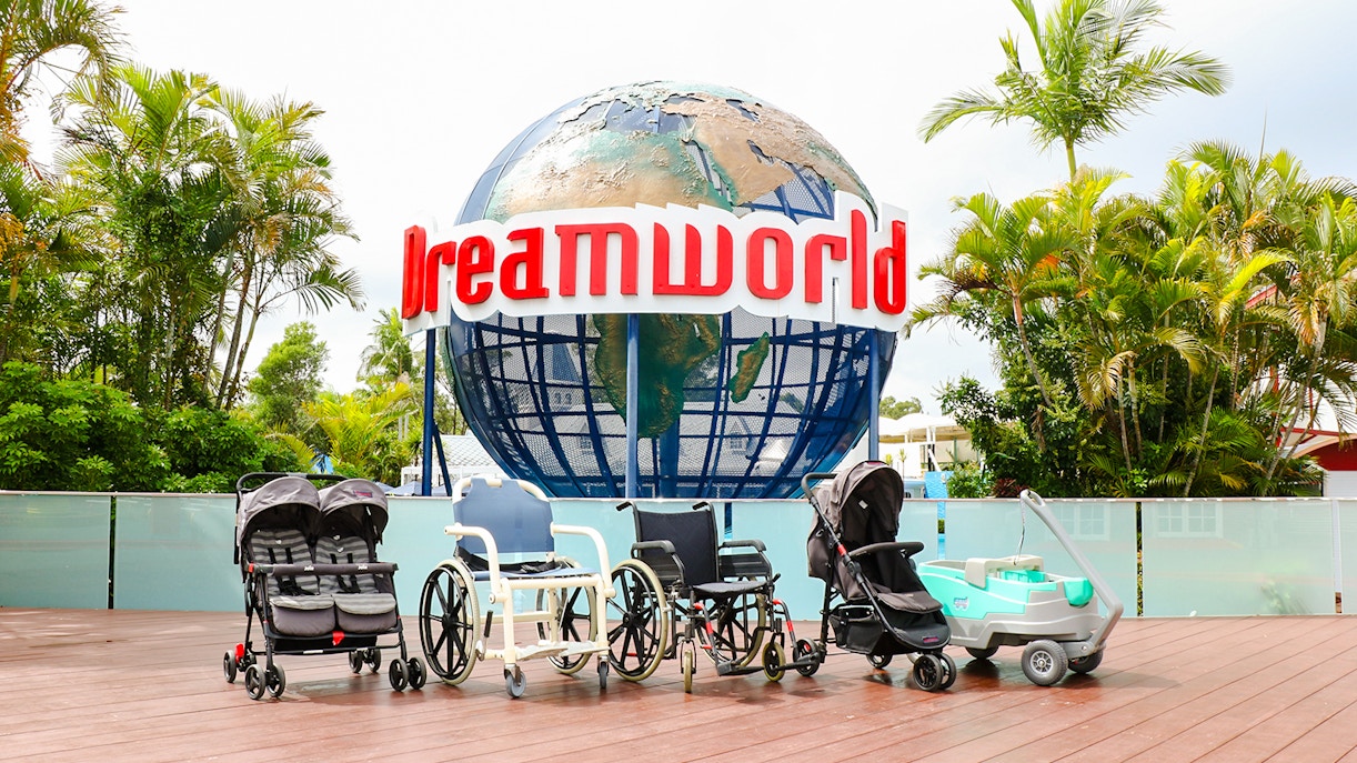 Dreamworld Gold Coast equipment hire station with colorful rental gear displayed.