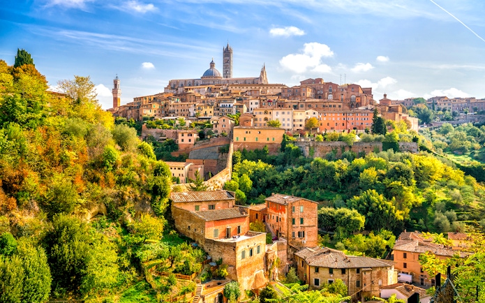 Siena cityscape with historic buildings and lush greenery during Chianti Half Day Wine Tasting Tour.