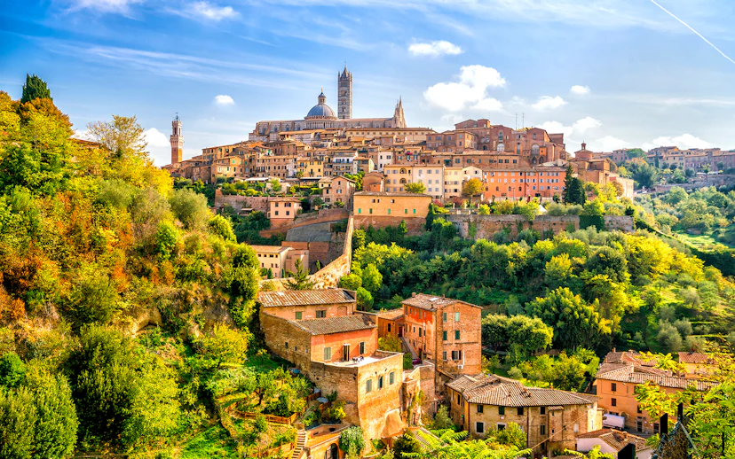Siena cityscape with historic buildings and lush greenery during Chianti Half Day Wine Tasting Tour.