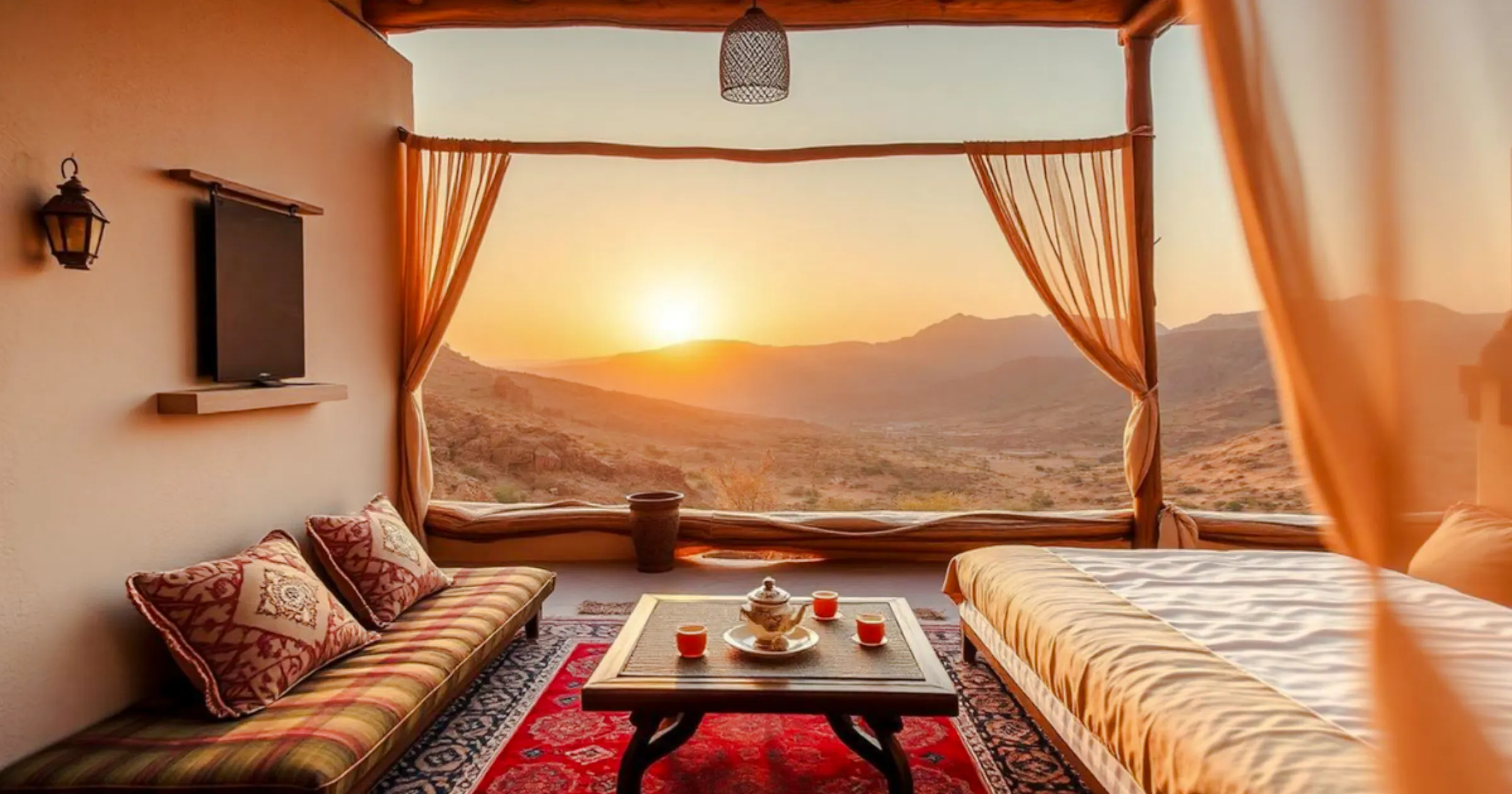 Sunset view from a cozy terrace with cushions and tea set, Jebel Irhoud Archaeological Site tour.