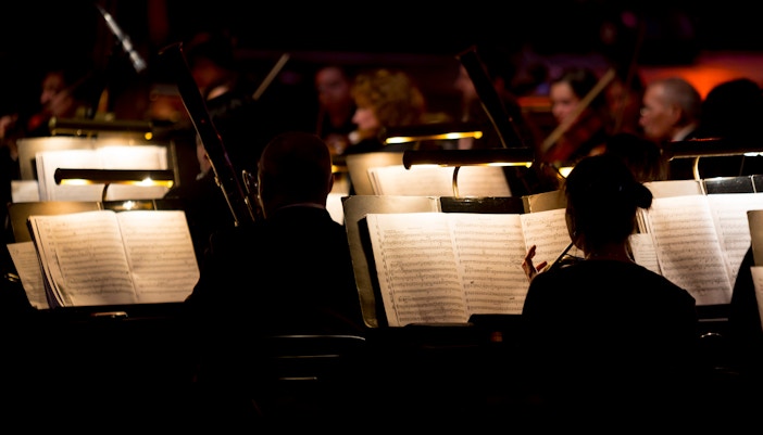 Musicians performing in an orchestra at a concert hall.