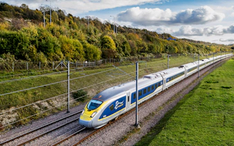 Eurostar train traveling through countryside, Eurail Pass experience.