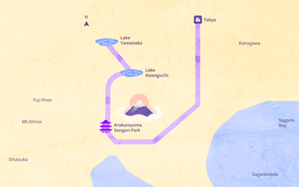 Map of 1-Day Guided Tour from Tokyo to Mt. Fuji, Lake Kawaguchi, and Lake Yamanaka.