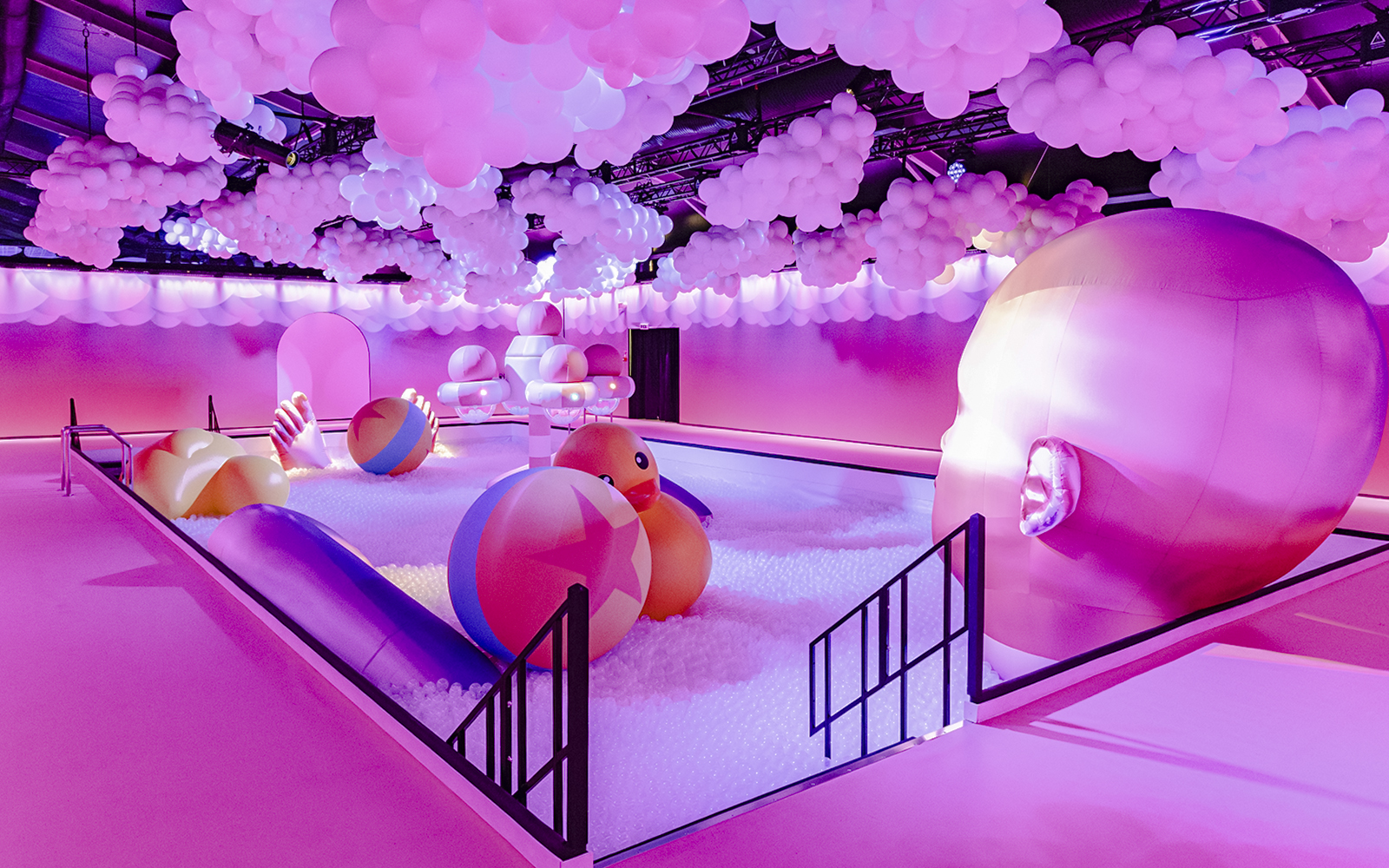 Interactive bubble-themed exhibit with colorful inflatables at Bubble Planet, Seattle.