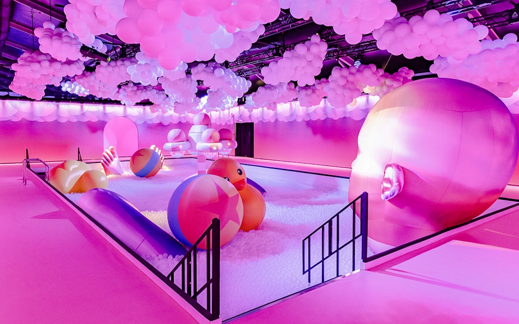 Interactive bubble-themed exhibit with colorful inflatables at Bubble Planet, Seattle.