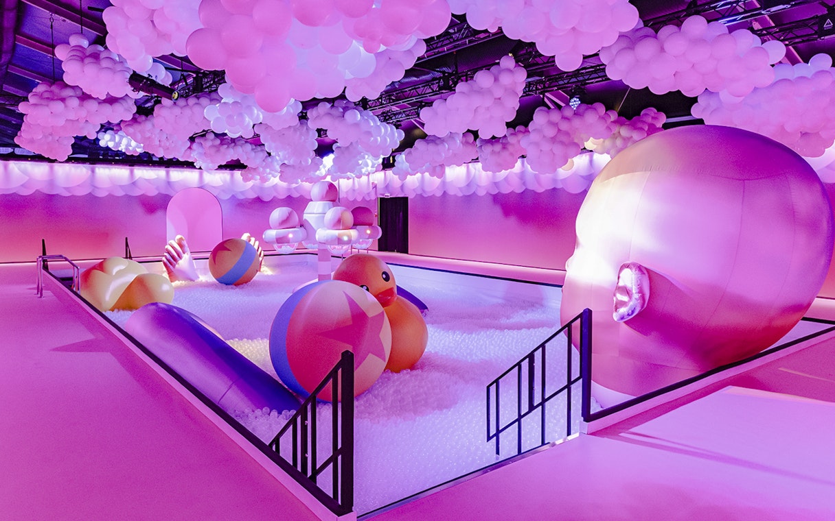 Interactive bubble-themed exhibit with colorful inflatables at Bubble Planet, Seattle.