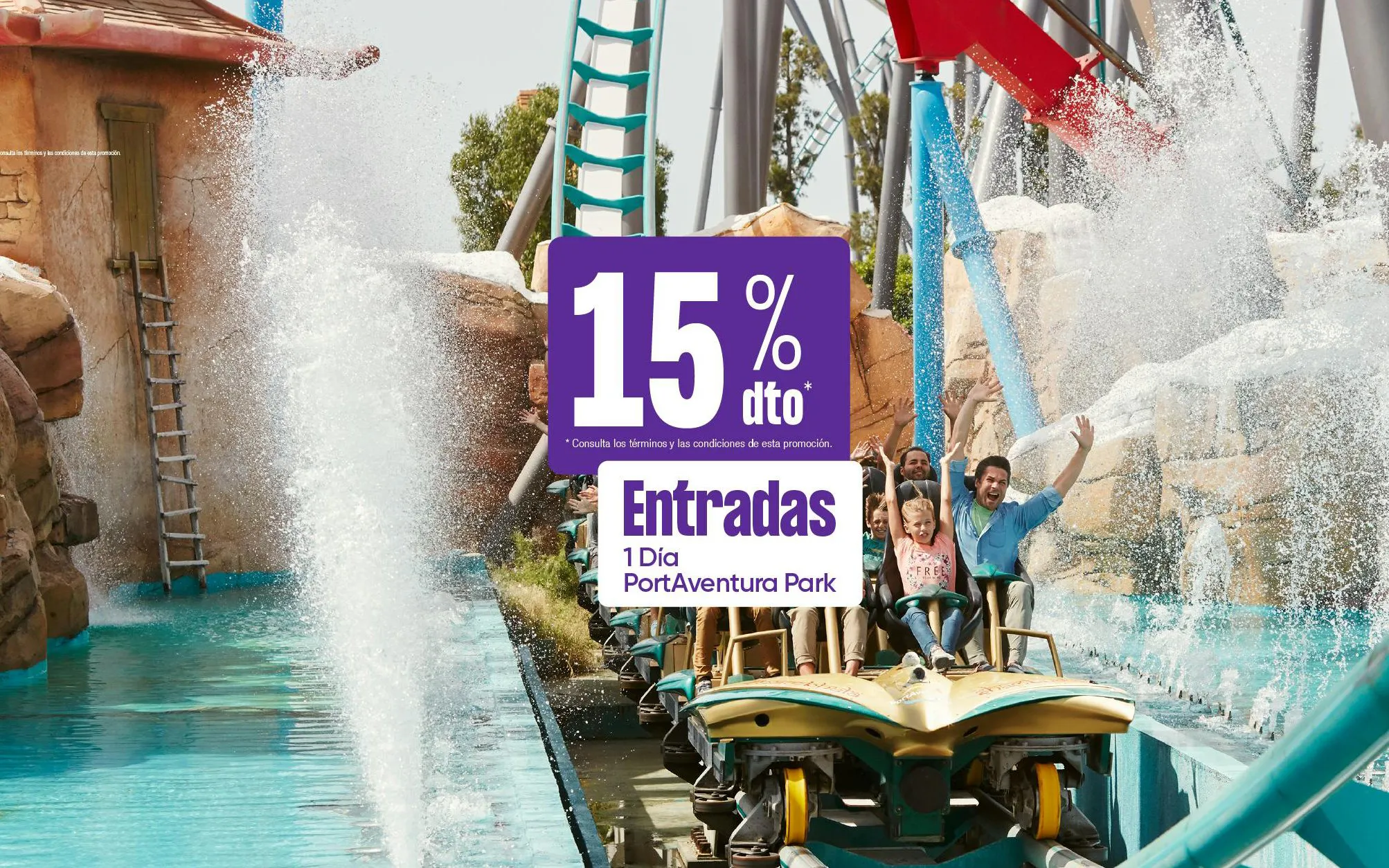 Roller coaster splash at PortAventura Park with 15% discount offer.