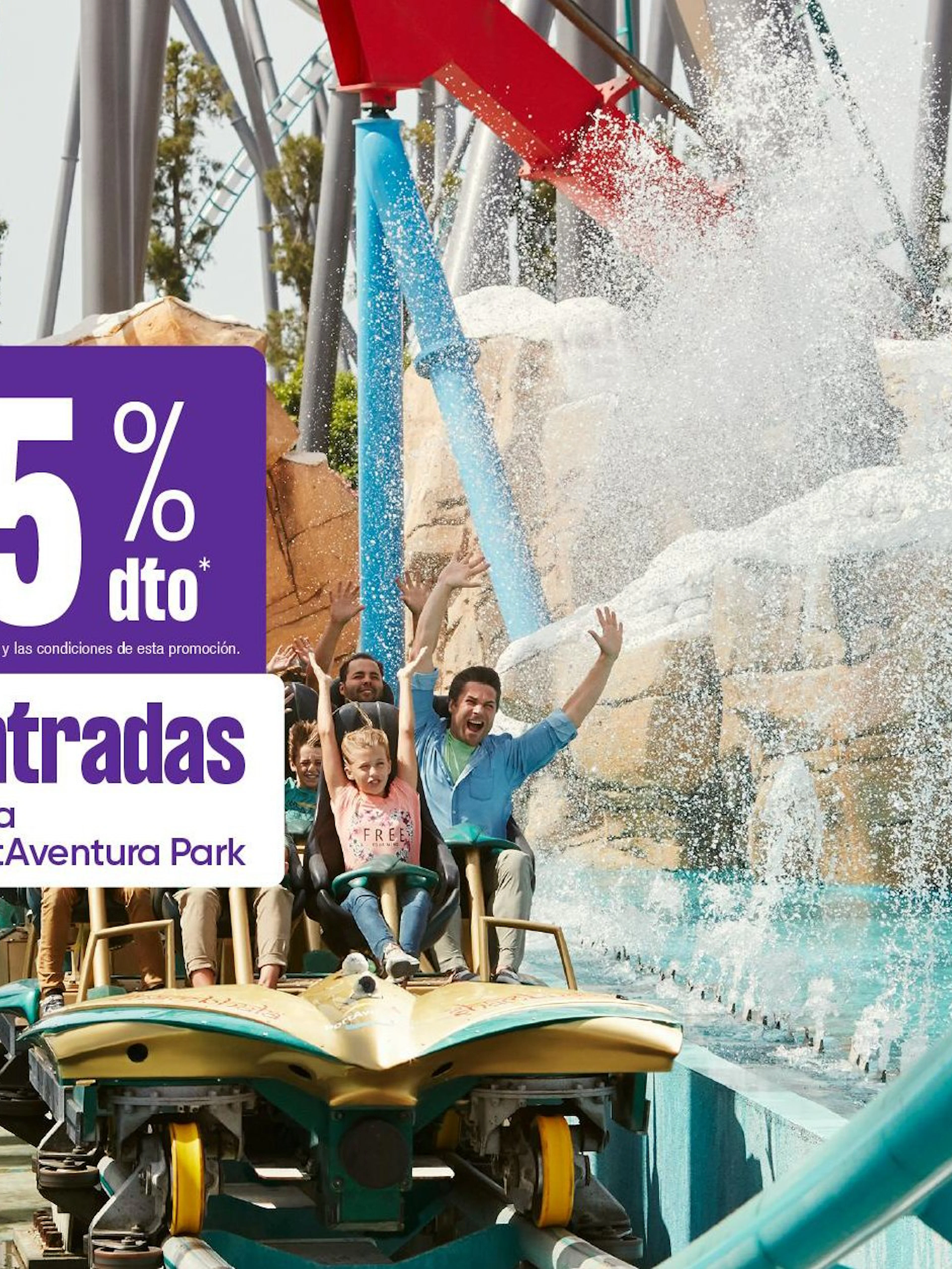 Roller coaster splash at PortAventura Park with 15% discount offer.