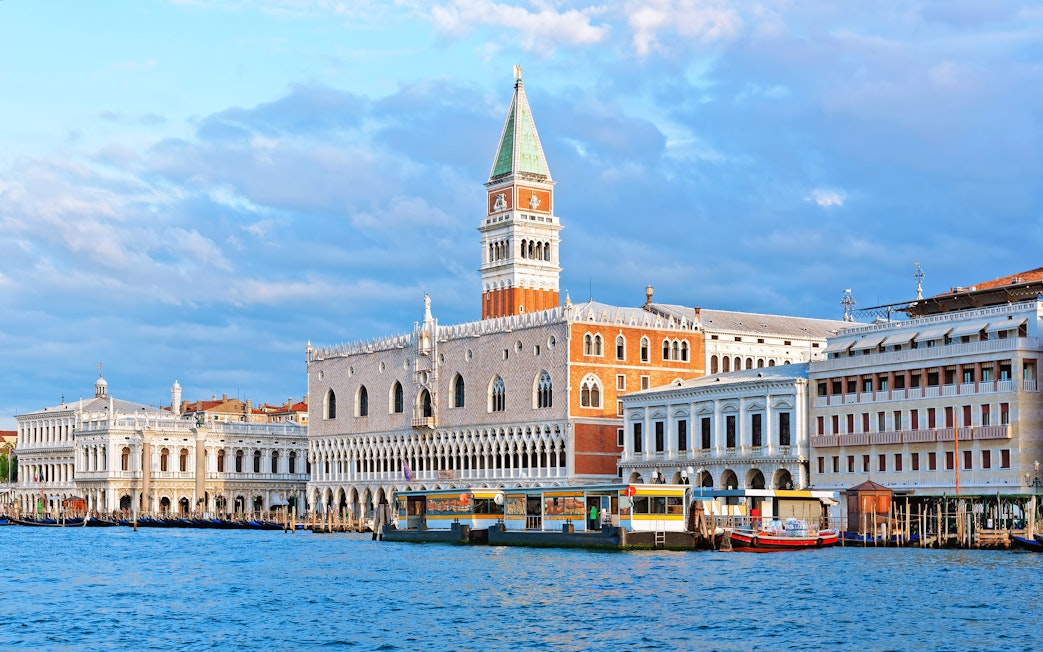 Grand Canal with St Mark's Campanile and Doge's Palace in Venice, Italy.
