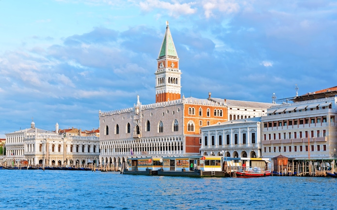Grand Canal with St Mark's Campanile and Doge's Palace in Venice, Italy.