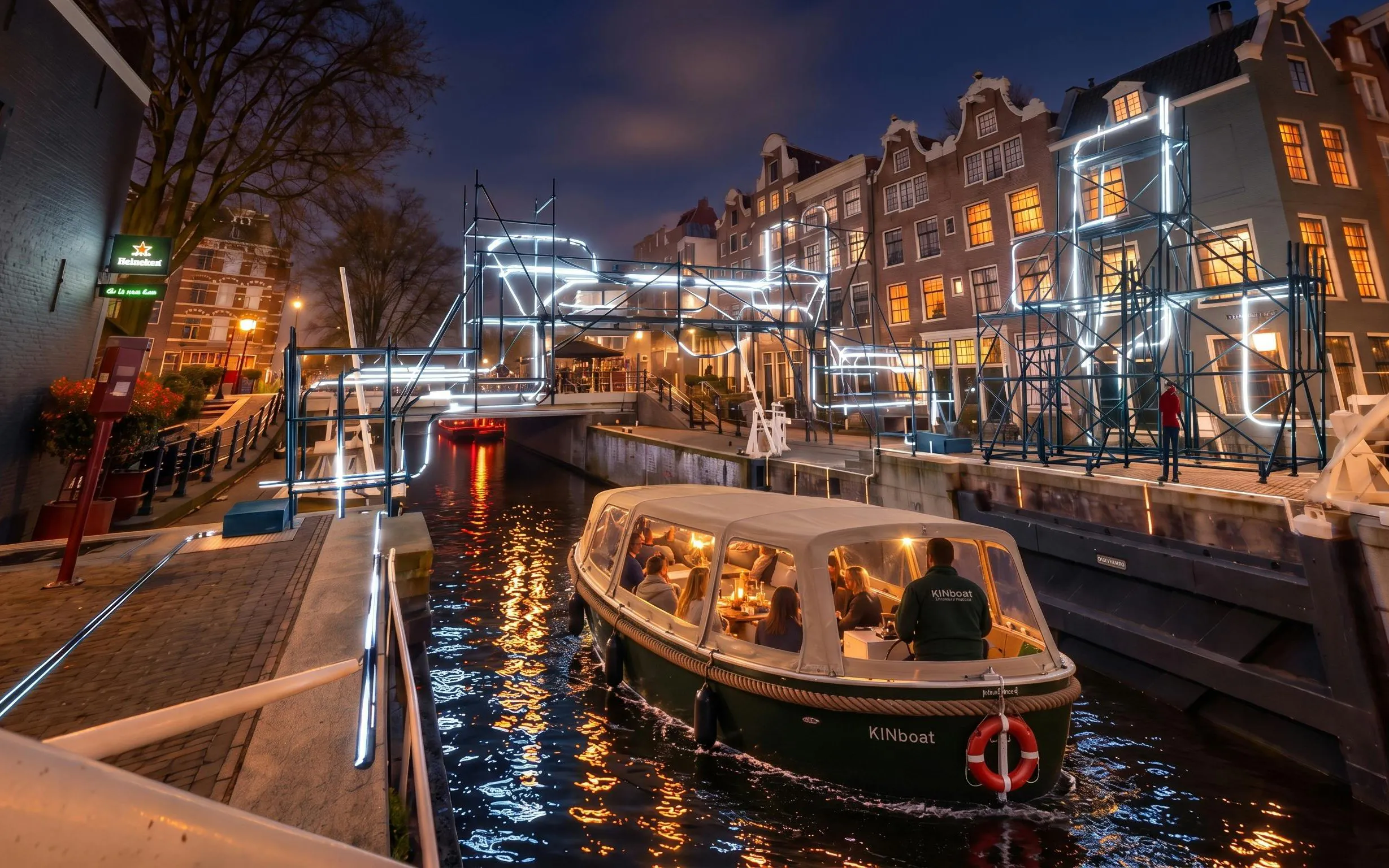 Boat tour through illuminated canals during Amsterdam Light Festival.