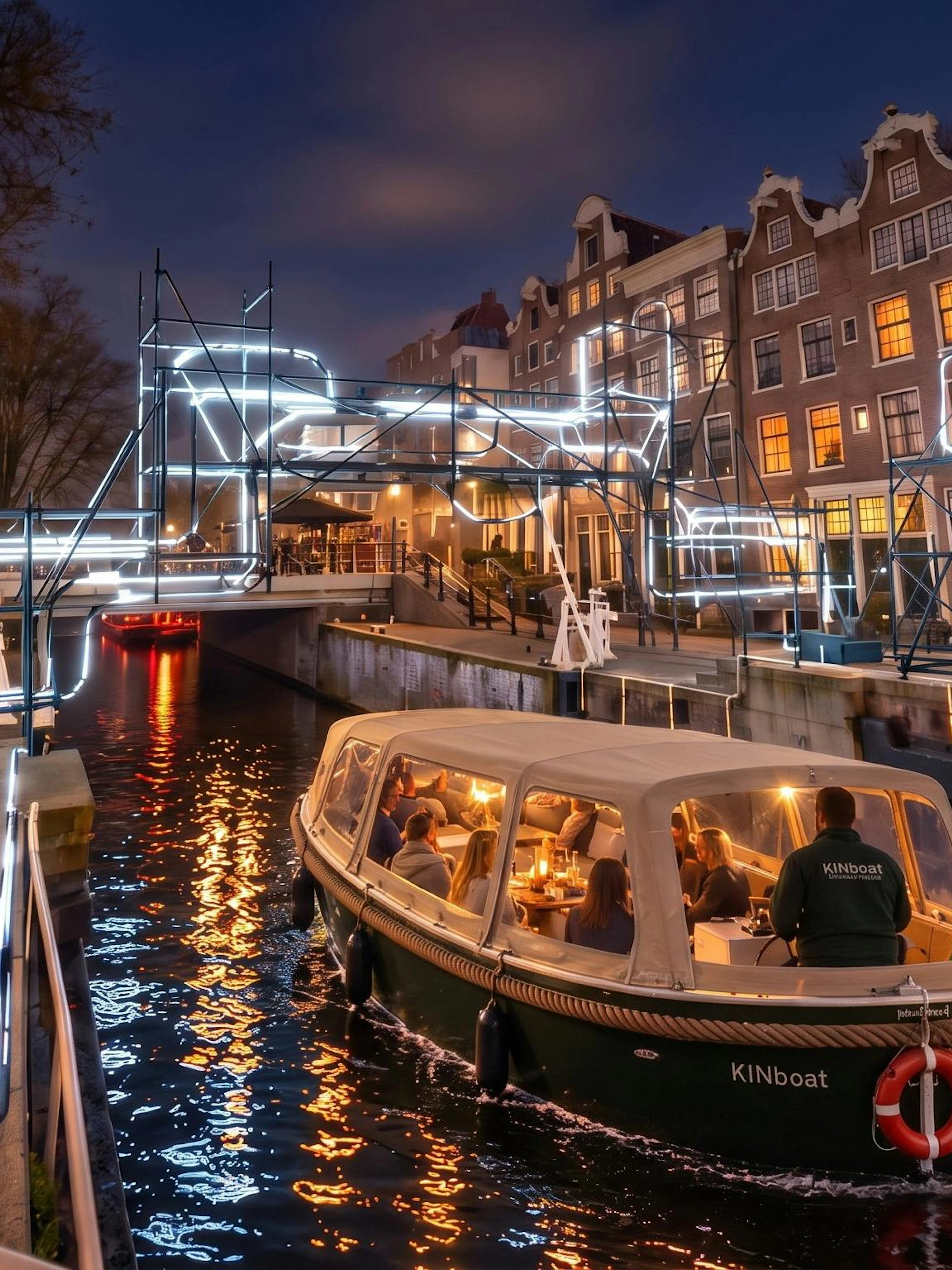 Boat tour through illuminated canals during Amsterdam Light Festival.
