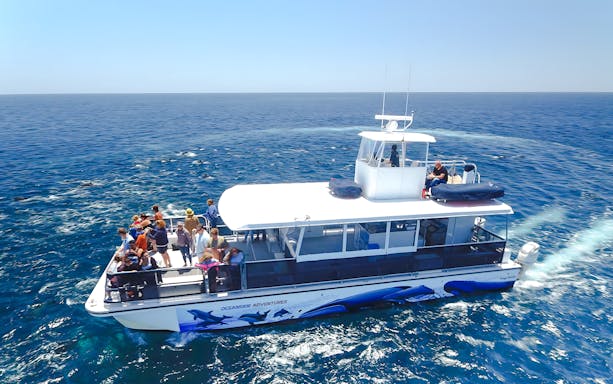 Tourists on a boat during a whale watching tour in San Diego.