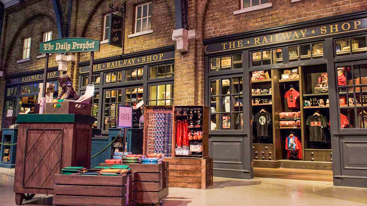 Railway shop at Harry Potter Warner Bros. Studio Tour in London displaying merchandise.