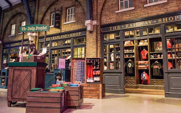 Railway shop at Harry Potter Warner Bros. Studio Tour in London displaying merchandise.