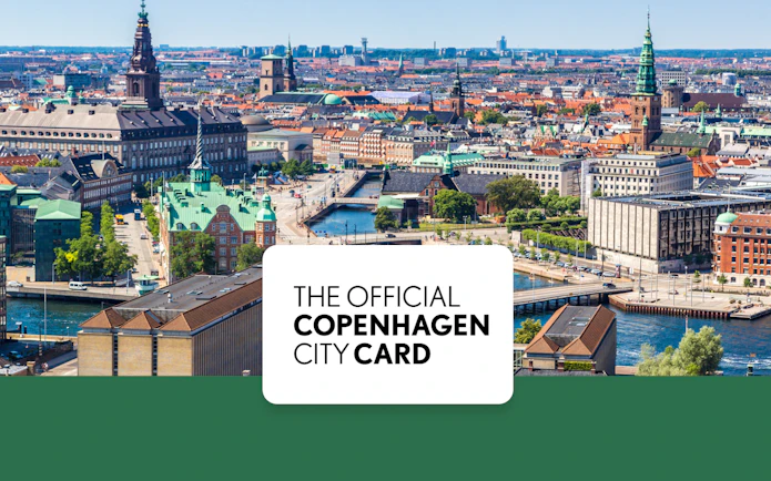 Copenhagen cityscape with historic buildings and waterways, promoting the Copenhagen Card.