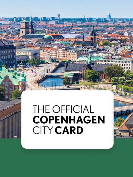 Copenhagen cityscape with historic buildings and waterways, promoting the Copenhagen Card.